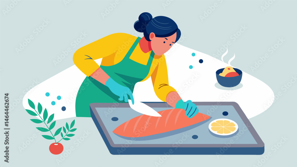 Poster a person lining a baking sheet with foil and placing a salmon fillet on top before seasoning it with