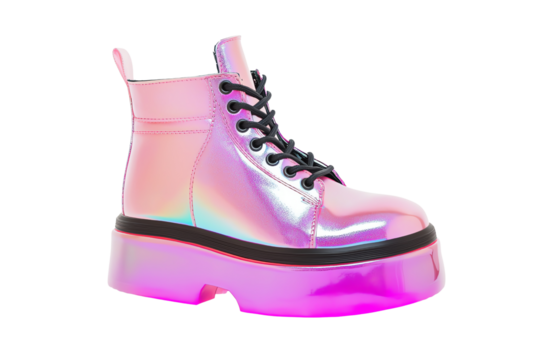 Shiny pink platform boot with black laces and iridescent finish.