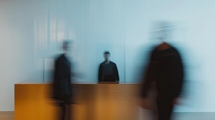 Motion blur of entrepreneurs standing next to a reception desk in a coworking office lobby, discussing a business project