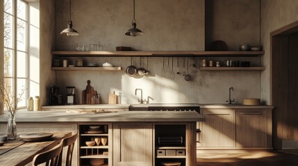 Sunlit Rustic Kitchen Interior with Wooden Island and Farmhouse Style