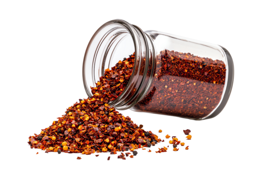 A glass jar tipped over with red chili flakes spilling out.