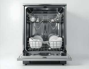 Open Dishwasher Interior with Clean Dishes and Silverware