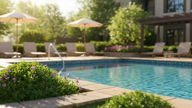 穏やか日光 プールサイド花咲く 緑豊か