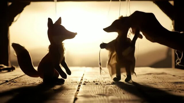 Fox puppets in golden silhouette stage