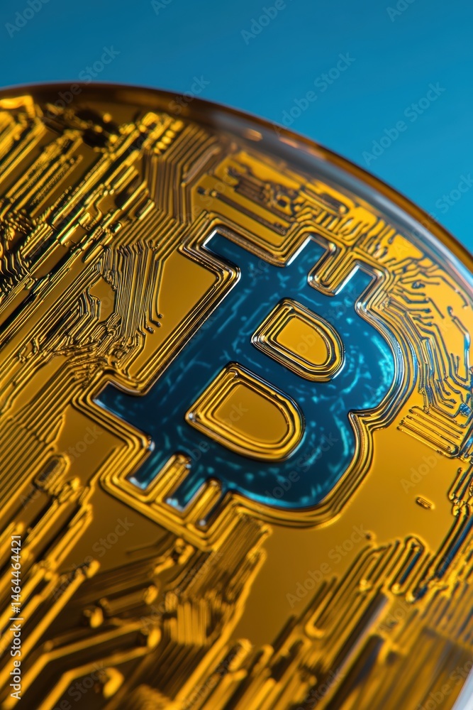 Poster bitcoin cryptocurrency symbol on circuit board background representing digital currency technology a