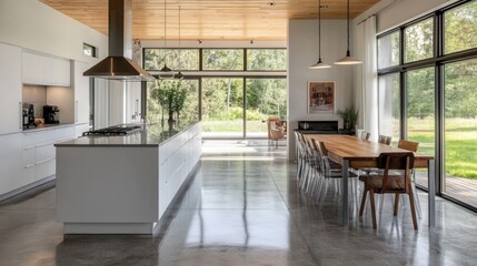 Modern kitchen and dining room with large windows and polished concrete floor
