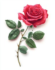 Fototapeta premium Stunning Red Rose with Green Leaves on White Background, Perfect for Floral Arrangements, Valentine's Day, or Romantic Decorations