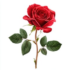 Fototapeta premium Stunning Red Rose with Lush Green Leaves on a White Background, Symbolizing Love and Passion in Nature's Beauty