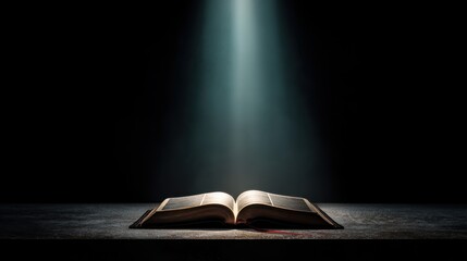 An open Bible against a dark background, glowing above, with space for a powerpoint slide background --chaos 5