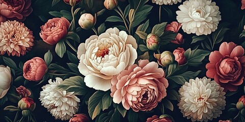 Detailed painting of blooming roses and flowers with green leaves on dark background.