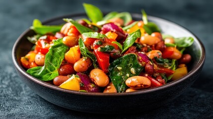 A vibrant beans salad artfully arranged in a sleek bowl, showcasing a mix of fresh vegetables and greens, perfect for health-conscious meals or vibrant dining presentations.