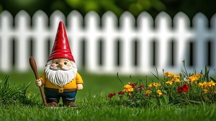 Garden gnome with tool by white picket fence