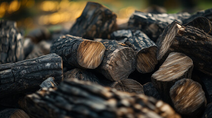 close up of stacked firewood logs with textured bark, creating rustic and natural atmosphere. warm lighting enhances wood rich tones, evoking cozy and inviting feeling