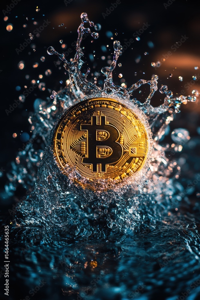 Poster bitcoin cryptocurrency splashing in water with bubbles and reflections creating an eye-catching visu