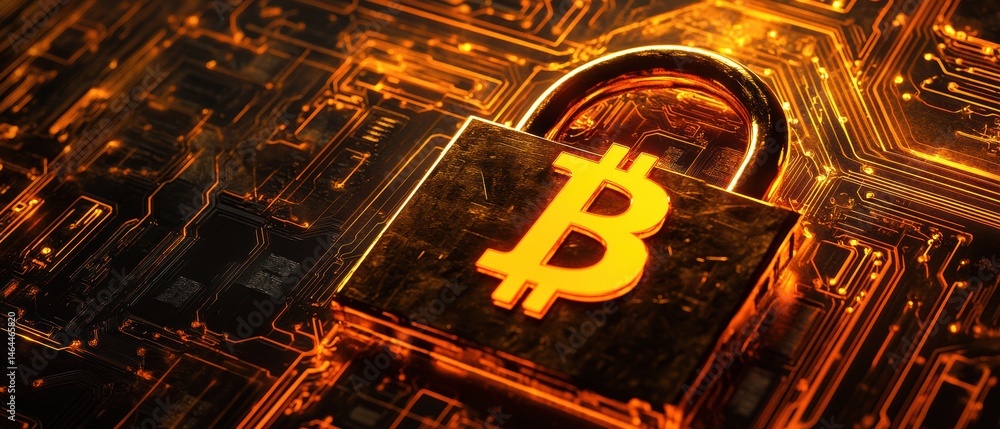 Poster bitcoin cryptocurrency secure lock technology digital finance investment blockchain concept backgrou