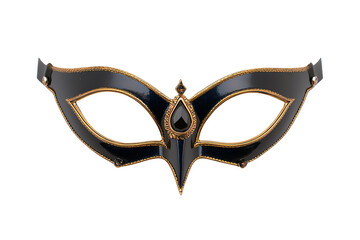 Elegant black masquerade mask with gold accents and a central jewel detail.