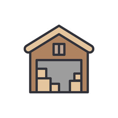 Stylized depiction of a warehouse or storage facility with boxes inside
