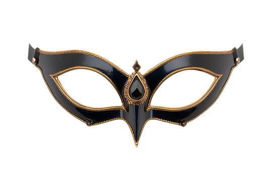 Elegant black masquerade mask with gold accents and a central jewel detail.