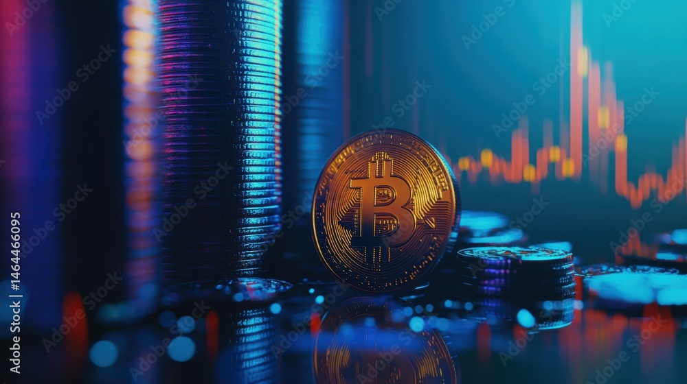 Aufkleber bitcoin cryptocurrency physical coin in front of stacks of coins and trading charts representing dig