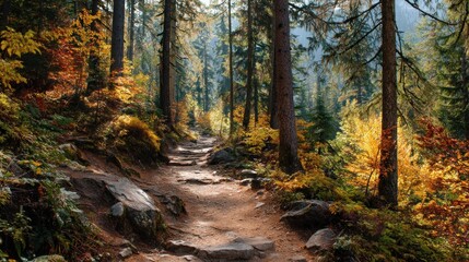 Fototapeta premium Mountain trail winding through autumn forest 