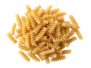 Fototapeta premium A top view of a heap of uncooked fusilli pasta, showcasing its twisted, spiral shape in a vibrant yellow hue.