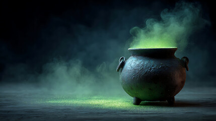 Witch Cauldron with green glowing potion on a dark foggy background for your spooky design with copy space