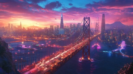 Futuristic Cityscape at Sunset over a Bridge