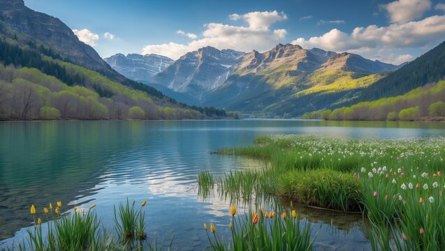 Peaceful mountain lake landscape with reflections of snow-capped peaks and green forests under a clear sky