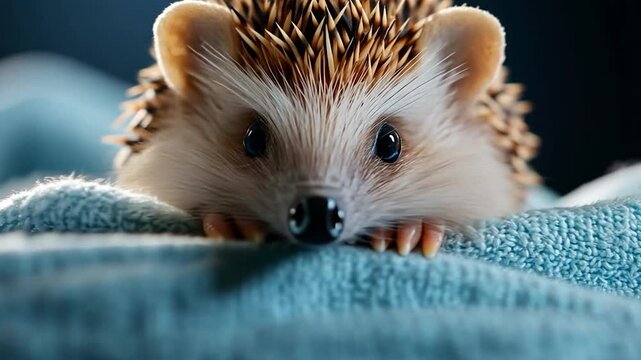 Adorable hedgehog peeking over a light blue towel against a dark blue background. Close-up studio shot with soft lighting