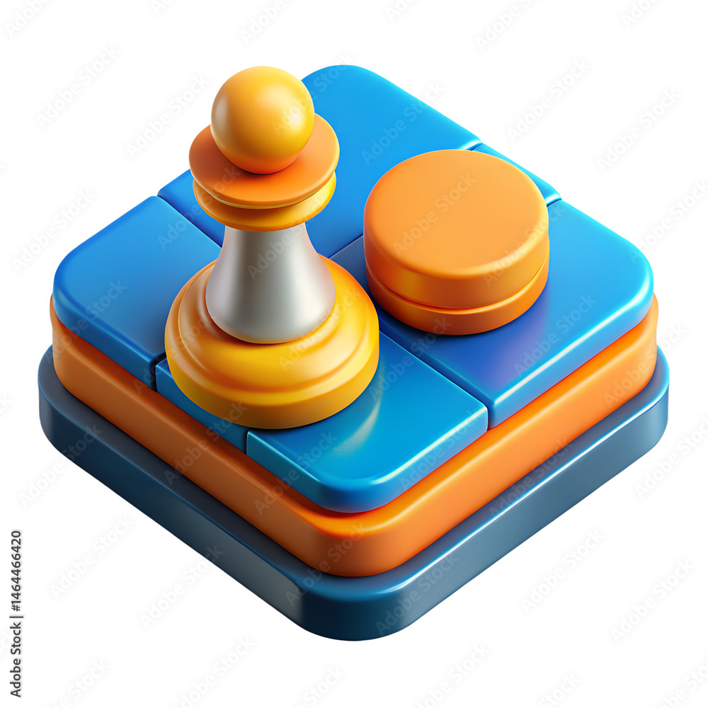 Poster abstract high quality 3d rendering icon of a pawn chess piece and a circular object on a stacked blu