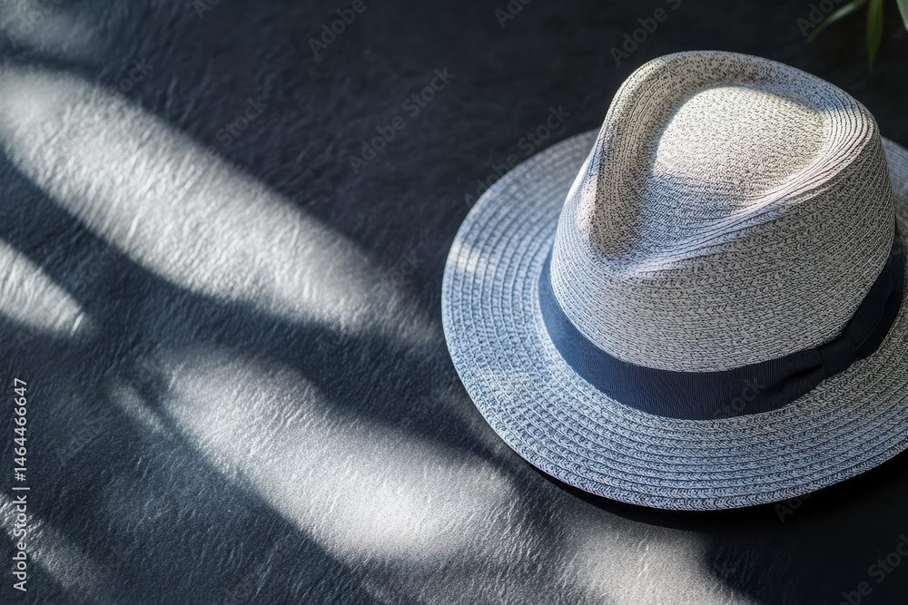 Poster stylish straw hat resting on a textured surface with soft light highlighting its design