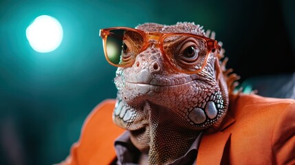 A charismatic reptile sporting trendy glasses and an orange suit, presenting a fusion of style and personality that captures the viewer's attention and imagination.