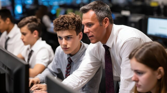 Focused students learning from a teacher in a computer lab.