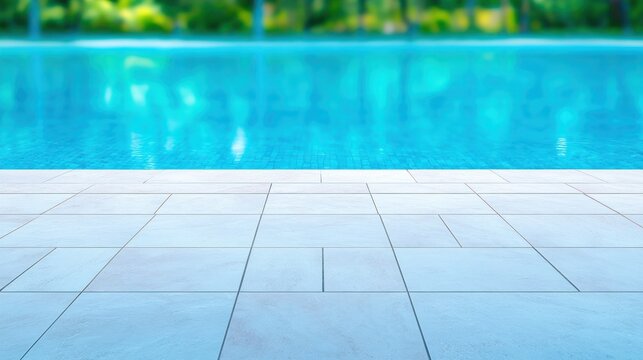 Empty poolside patio and tranquil blue water