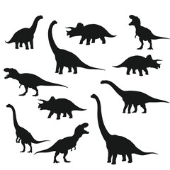 Dinosaur roaring in different positions, silhouette set vector. Big dinosaur standing silhouette collection on a white background. Historic carnivore animals full body silhouette bundles.
