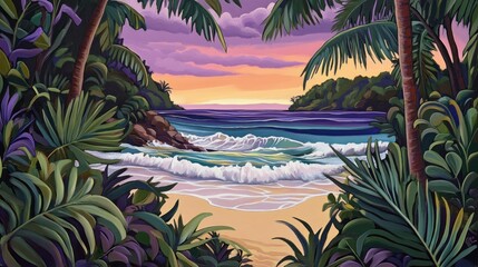 Tropical Beach Sunset View Through Lush Plants