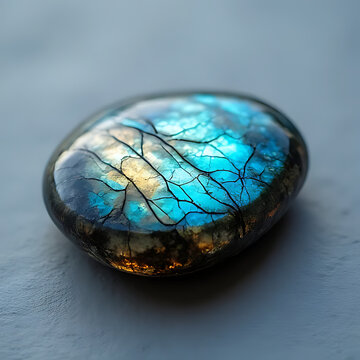 macro shot of polished labradorite stone on minimalist background, glowing with peacock hues, harmonious composition