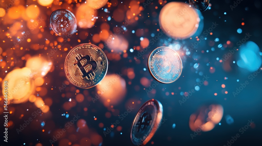 Poster bitcoin cryptocurrency digital coins floating in abstract space with colorful light effects represen
