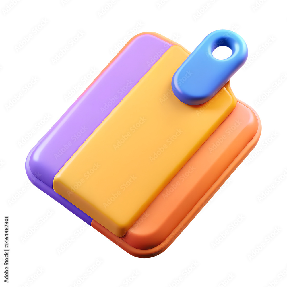 Poster modern 3d rendering of a colorful chopping board design with stylized layers and handle against whit