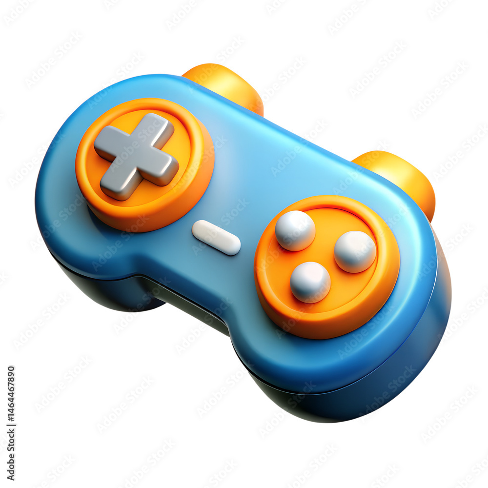 Poster playful and modern high quality 3d rendering icon of a blue and orange game controller with a white 