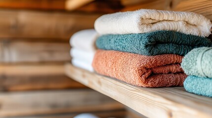 Soft towels folded in calming colors showcase a rustic wooden setting that evokes feelings of warmth, inviting relaxation and comfort in any home environment.