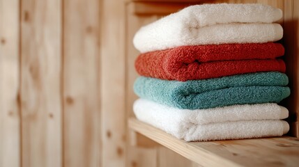 A collection of neatly arranged towels in soft colors sits on a wooden shelf, highlighting the themes of comfort, hygiene, and relaxation found in everyday life.