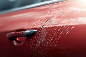 Car door with noticeable scratches caused by recent contact incident at urban location