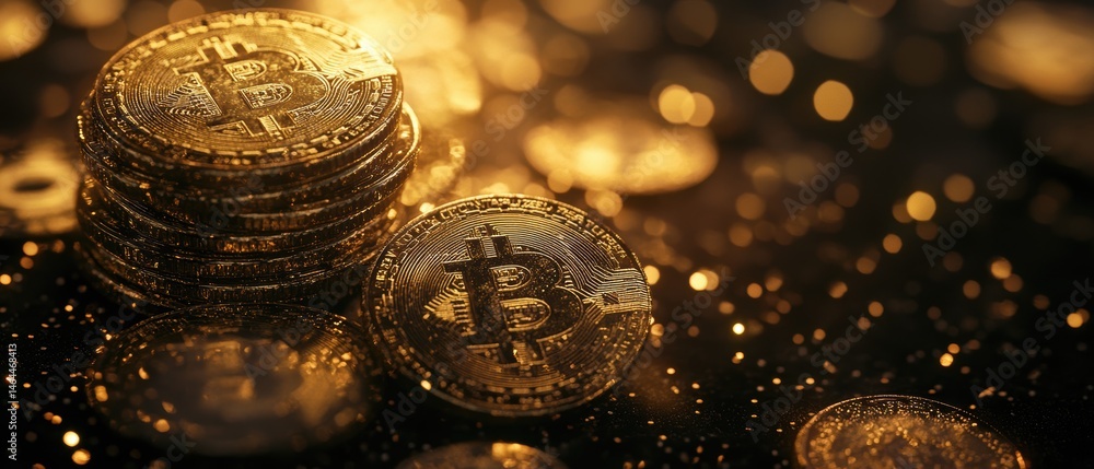 Aufkleber bitcoin cryptocurrency coins stacked on a shimmering surface with golden bokeh, representing digital