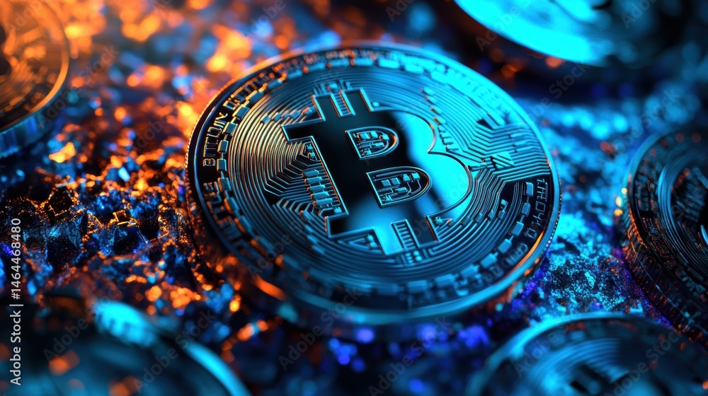Poster bitcoin cryptocurrency coins stacked on a reflective surface with blue and orange lighting, showcasi