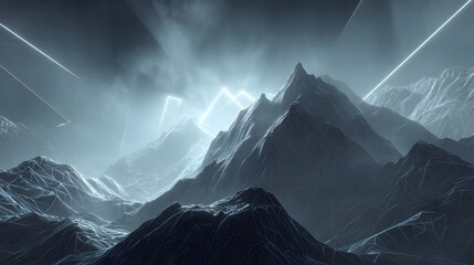 Futuristic Monochrome Mountain Landscape Minimalist Digital Art
