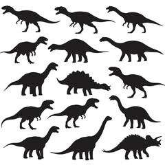 Dinosaur roaring in different positions, silhouette set vector. Big dinosaur standing silhouette collection on a white background. Historic carnivore animals full body silhouette bundles.