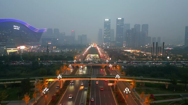 Night traffic in the city of Chengdu, China, Drone shot 4K, topshot, aerial