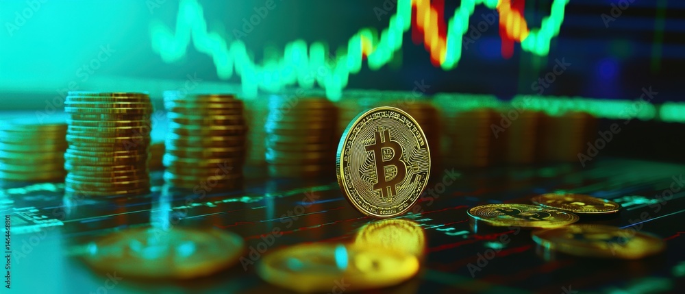 Poster bitcoin cryptocurrency coins on digital trading platform with stock market graphs and charts showing