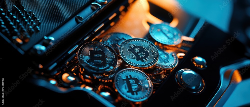 Poster bitcoin cryptocurrency coins in a secure wallet showcasing digital assets and blockchain technology 